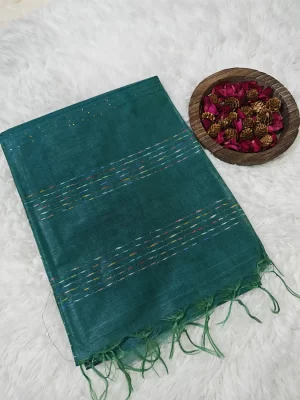Green Bhagalpur Silk Saree showing multicoloured stitched stripe bands