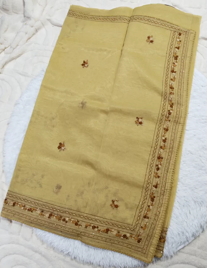 Chanderi embroidery saree Olive Yellow (1)_lr Olive yellow embroidered Chanderi saree – women’s ethnic wear UAE