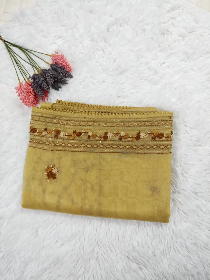 Chanderi embroidery saree Olive Yellow (2)_lr Chanderi saree with embroidery in olive yellow – sarees online UAE