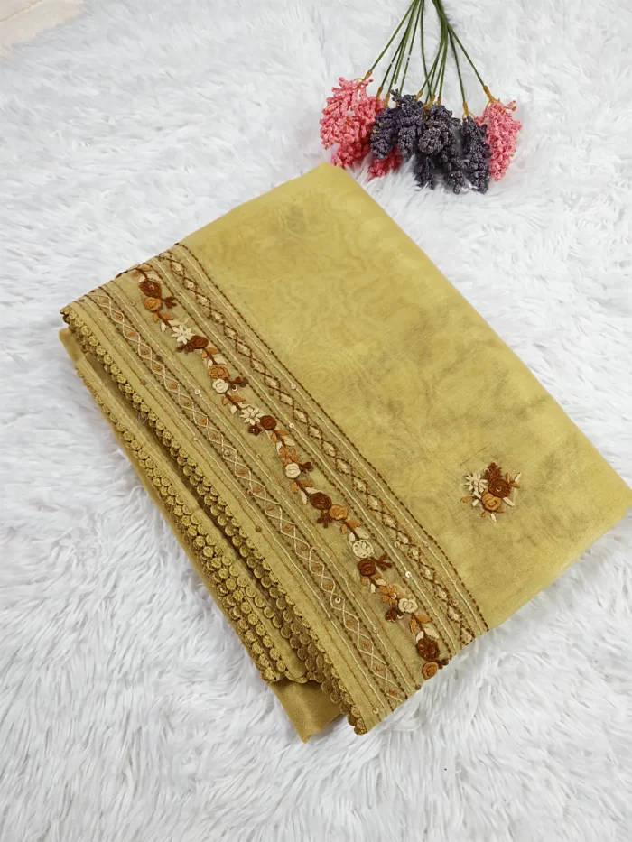 Chanderi embroidery saree Olive Yellow (4)_lr Olive yellow Chanderi embroidery saree – Chanderi sarees UAE