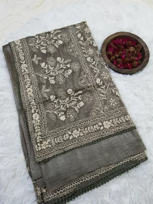 Close-up of Greyish Green Crushed Organza Saree showing intricate cream floral Chikankari work