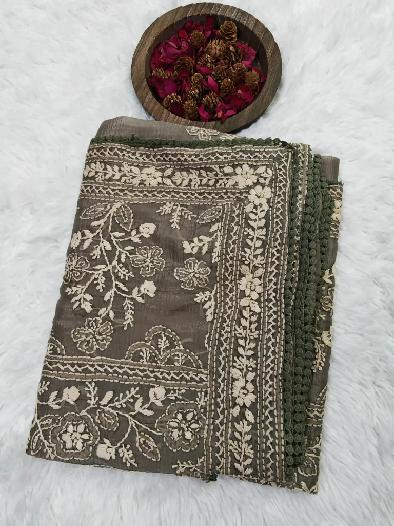 Folded Greyish Green Crushed Organza Saree with dense cream Chikankari border