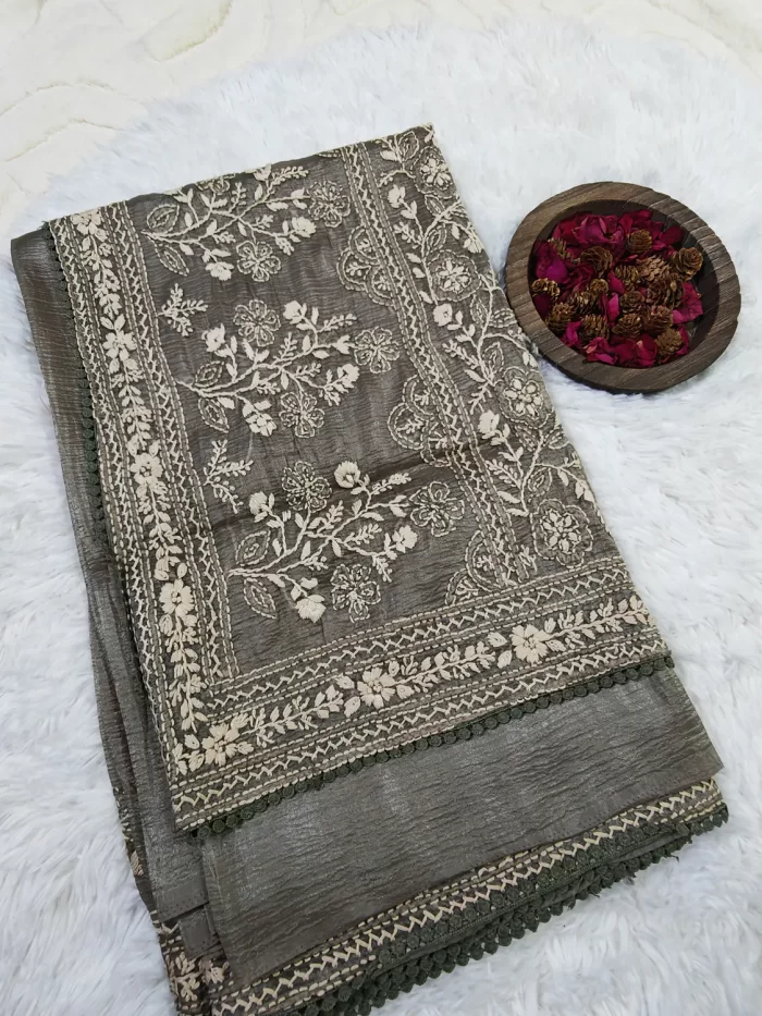 Beautiful Chikankari Saree - Green and Grey