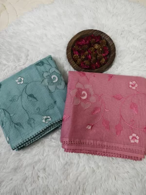 Aqua Green and Pink Kota Applique Sarees side by side showing their floral vine patterns