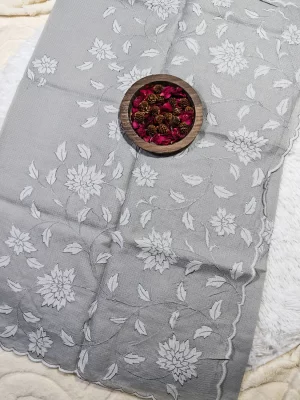 Grey Kota Applique Saree spread to show the dense white floral vine pattern