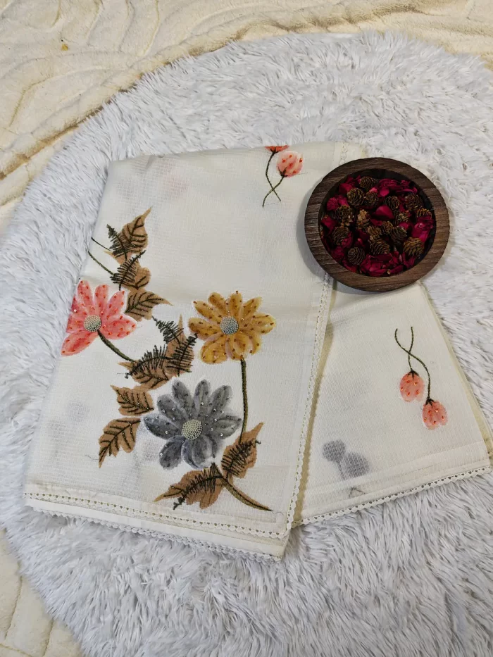 Cotta Emb Floral White (4)_lr Kotta Embroidery - Floral White Saree in UAE