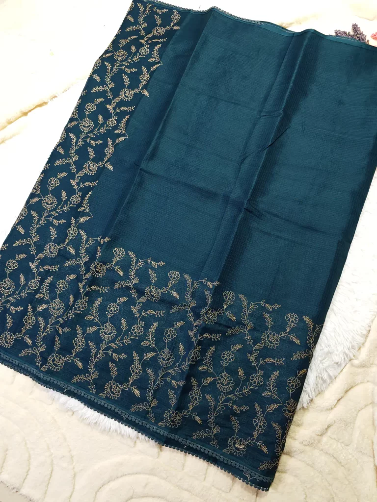 Embroidered teal blue Kotta saree – women’s clothing UAE