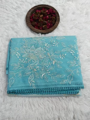 Aqua blue crushed organza saree – organza sarees UAE