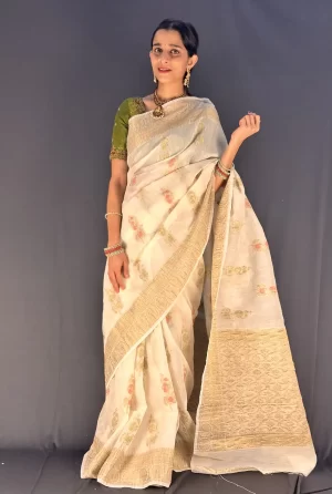Full-length front view of Ivory Crushed Banarasi Saree with small floral motifs and gold pallu