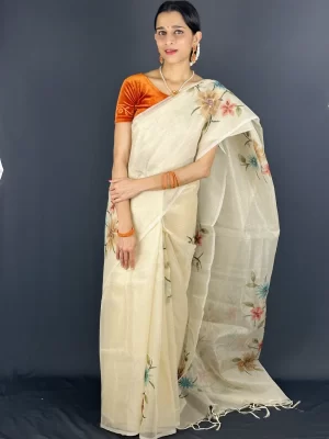 Full-length front view of Golden Floral Tissue Kota Saree with multicoloured flowers and tasselled pallu