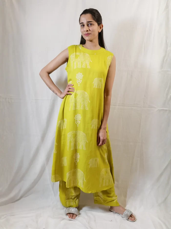 Lime Green Rayon  Elephant Co-ord set