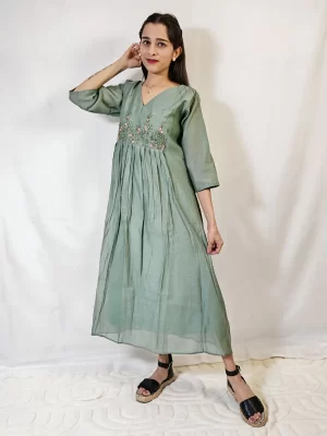Mul Chanderi Green Kurti