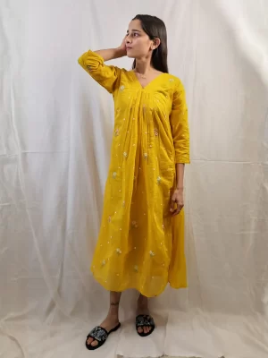 Golden yellow Mul Chanderi - Kurti