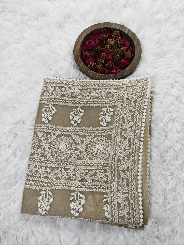 Folded Smokey Taupe Crushed Organza Saree with dense white Chikankari embroidery and dotted trim