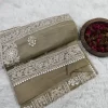 Angled folded view of Smokey Taupe Crushed Organza Saree with white Chikankari panels