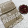 Smokey Taupe Crushed Organza Saree partly unfolded to show white floral borders and small motifs
