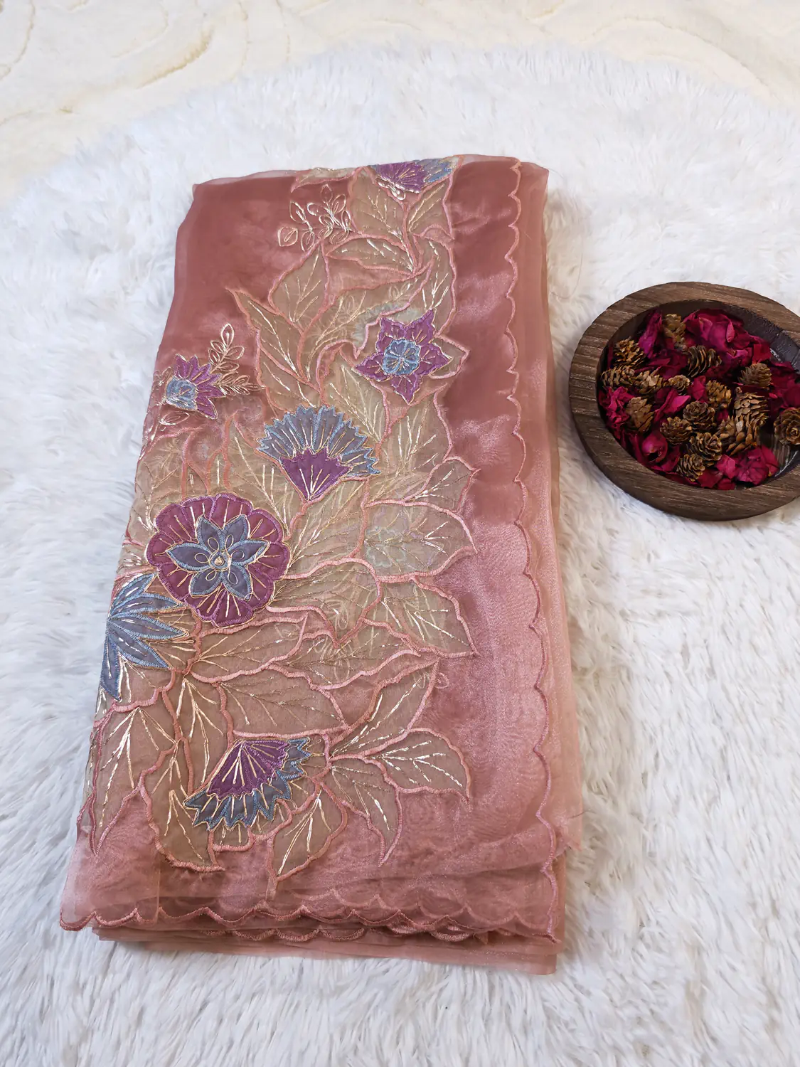 Full folded view of Onion Pink Organza Embroidery Saree with multicoloured floral embroidery