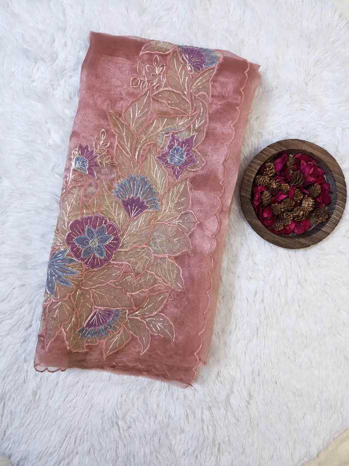Organza Emb Peach Premium (5)_lr Peach organza embroidered premium saree – organza sarees UAE