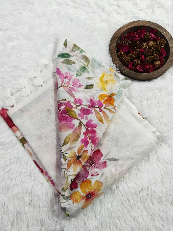 Printed Linen Saree (3)_lr Corner detail of Printed Linen Saree with yellow, pink and green botanical print
