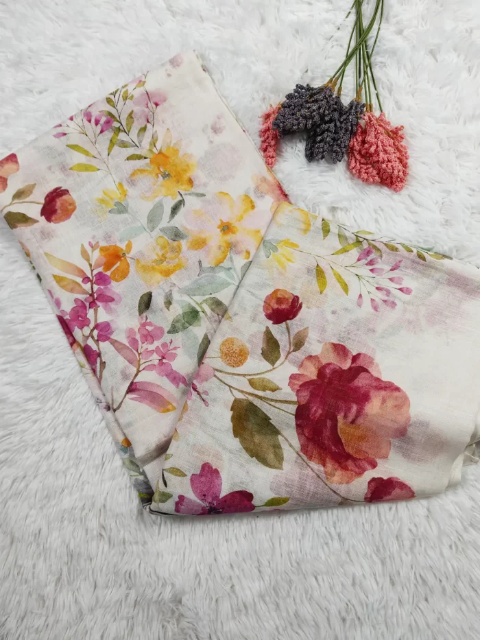 Printed Linen Saree (5)_lr Folded sections of Printed Linen Saree showing its soft watercolour-style floral pattern