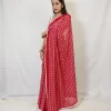 Saree - Hakoba Red (12)_lr Side pose in Red Hakoba Kota Embroidery Saree showing the sheer pallu and white embroidered pattern