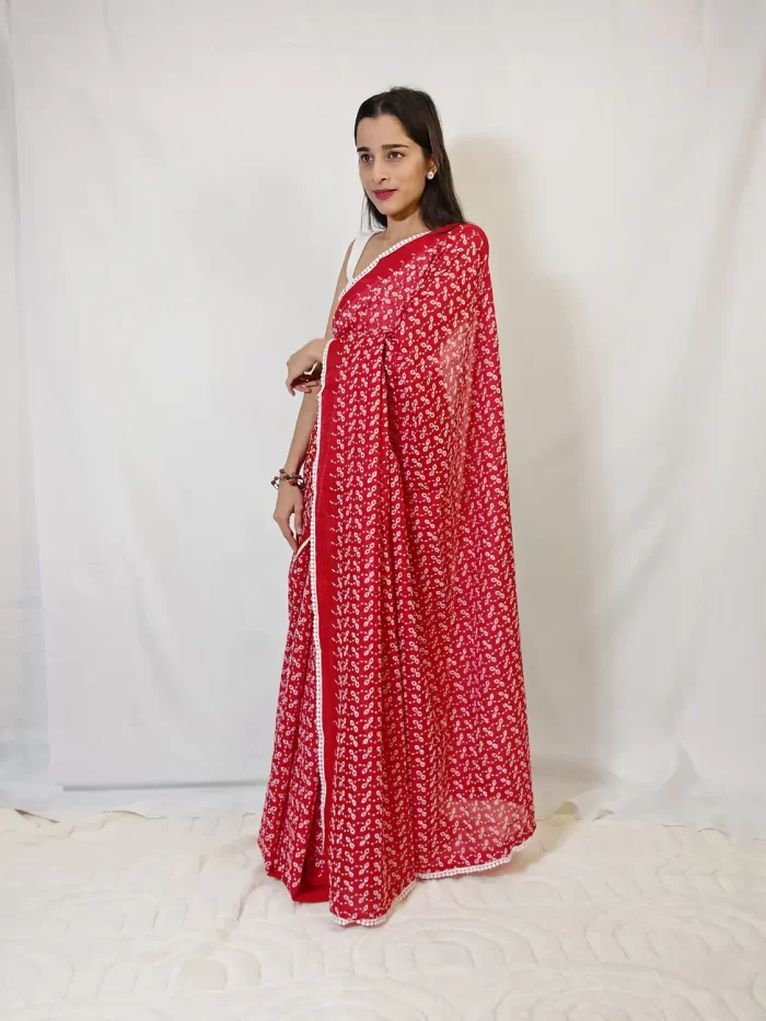 Saree - Hakoba Red (12)_lr Side pose in Red Hakoba Kota Embroidery Saree showing the sheer pallu and white embroidered pattern