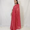 Saree - Hakoba Red (1)_lr Angled view of Red Hakoba Kota Embroidery Saree showing its patterned pallu