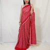 Saree - Hakoba Red (2)_lr Front upper-body view of model wearing Red Hakoba Kota Embroidery Saree with dense white motifs