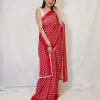 Saree - Hakoba Red (8)_lr Full-length front view of Red Hakoba Kota Embroidery Saree with white border trim
