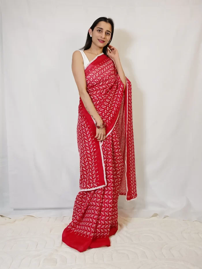 Saree - Hakoba Red (8)_lr Full-length front view of Red Hakoba Kota Embroidery Saree with white border trim