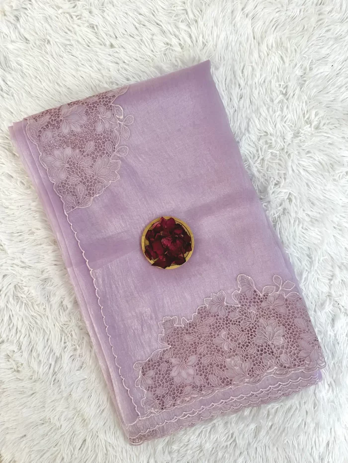 Lilac cutwork saree in satin silk organza – ladies sarees UAE