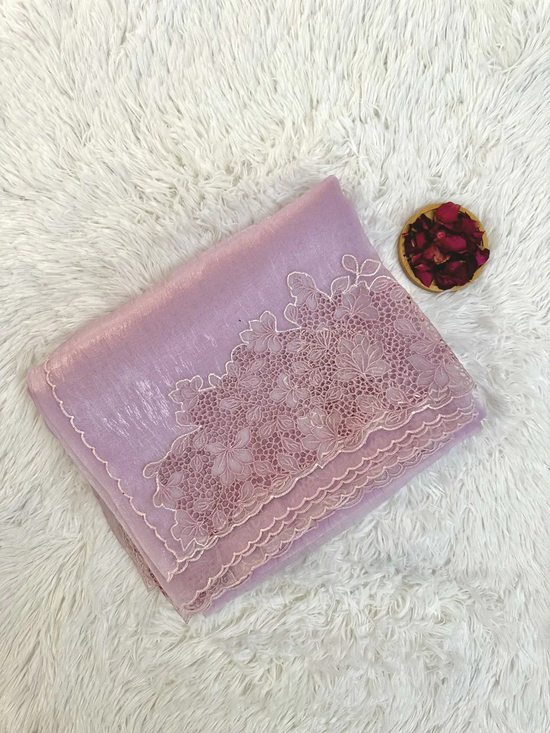 Folded Lilac Satin Silk Organza Cutwork Saree with tonal floral cutwork at the corner