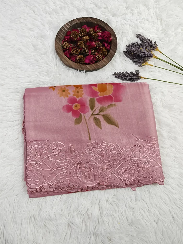 Silk cut work with floral print (1)_lr Folded Silk Cutwork Saree with floral print and embroidered scalloped border