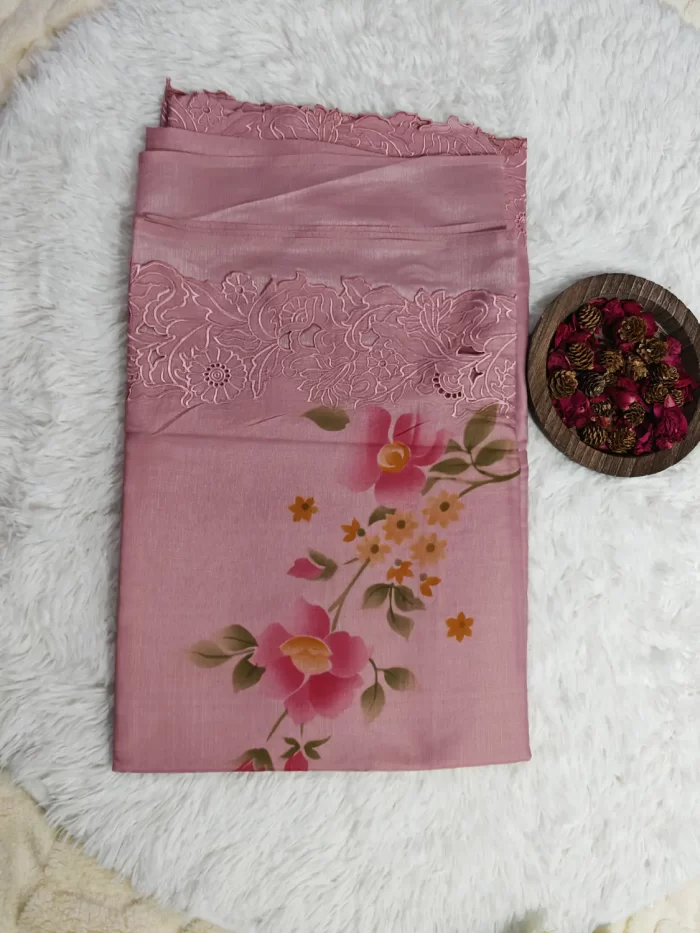 Silk cut work with floral print (5)_lr Folded Silk Cutwork Saree with a wide embroidered floral panel and printed flower detail