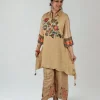 Floral Muslin Co-ord Set Front View Beige Floral Muslin Co-ord Set with high-low hem for women