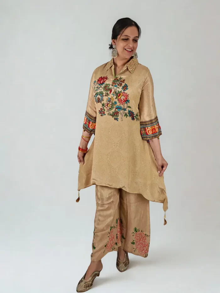 Floral Muslin Co-ord Set Front View Beige Floral Muslin Co-ord Set with high-low hem for women