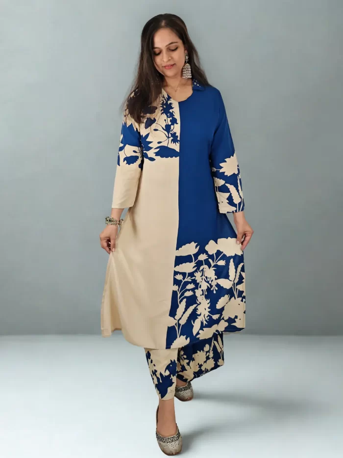 Detail of floral bloom motifs on deep blue fabric