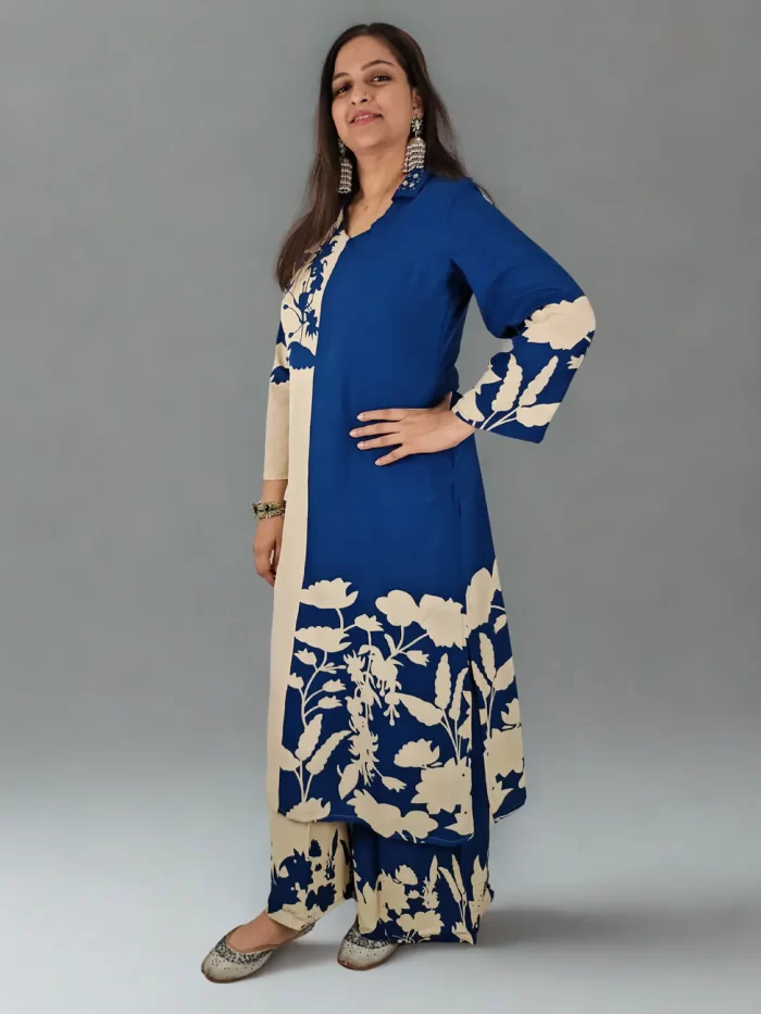 Shimmering dual tone texture of midnight blue ensemble