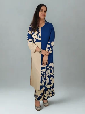 Midnight blue floral co-ord styled for festive occasions