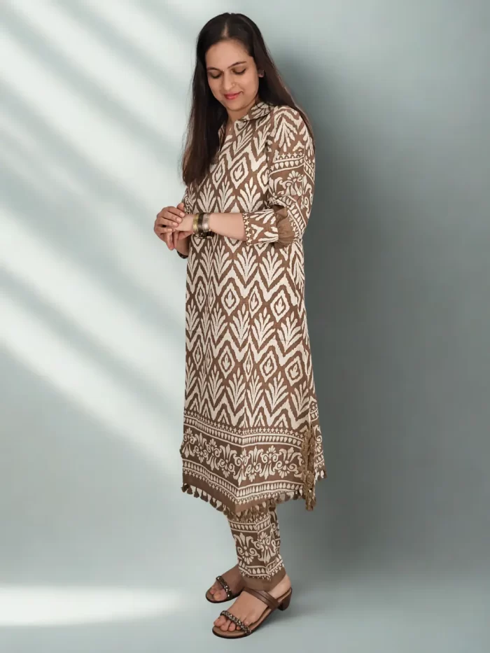 Mocha Crepe Silk Set Full front view of Mocha Muse crepe silk co-ord set