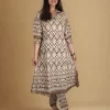 Geometric Ikat Pattern Angled view of the Mocha Muse geometric print co-ord