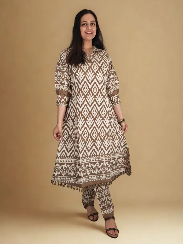 Geometric Ikat Pattern Angled view of the Mocha Muse geometric print co-ord