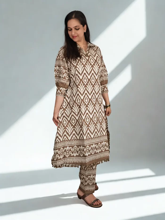 Smart Collar Neckline Mocha Muse collared co-ord shown in a relaxed standing pose