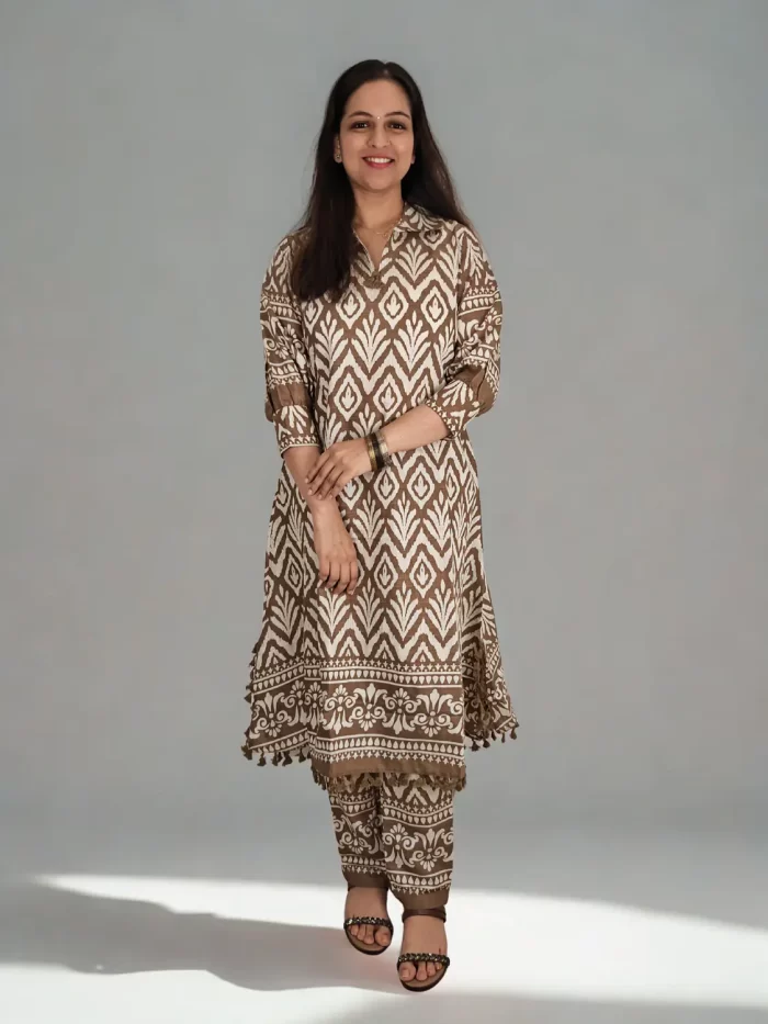 Office Wear Co-ord Mocha Muse geometric co-ord styled in a front pose
