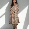 Brown Silk Fabric Sheen Full-length side pose of the Mocha Muse crepe silk set