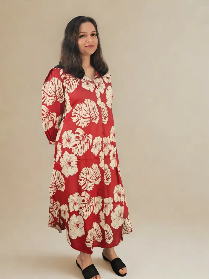 Hibiscus Midi Dress (3) Elegant floral midi kurti dress with ethnic touch