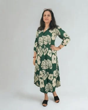 Front view of green Hibiscus Floral midi kurti dress