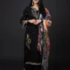 Front view of Imperial Black suit with multicolour printed dupatta