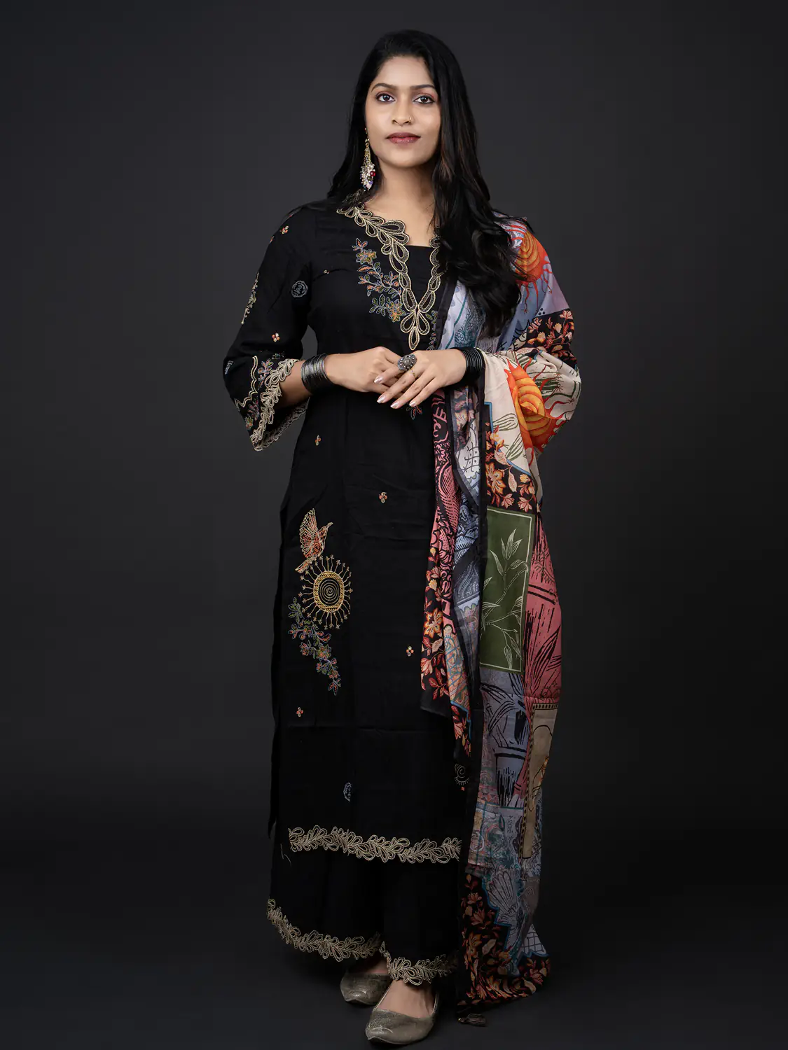 Front view of Imperial Black suit with multicolour printed dupatta