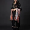 Angled view of Imperial Black embroidered suit and folded dupatta